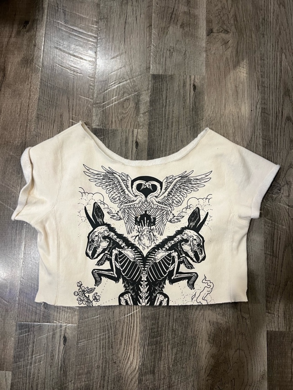 Short Sleeve Crop Top with Black Skeleton Bunny Graphic- Oversized Small